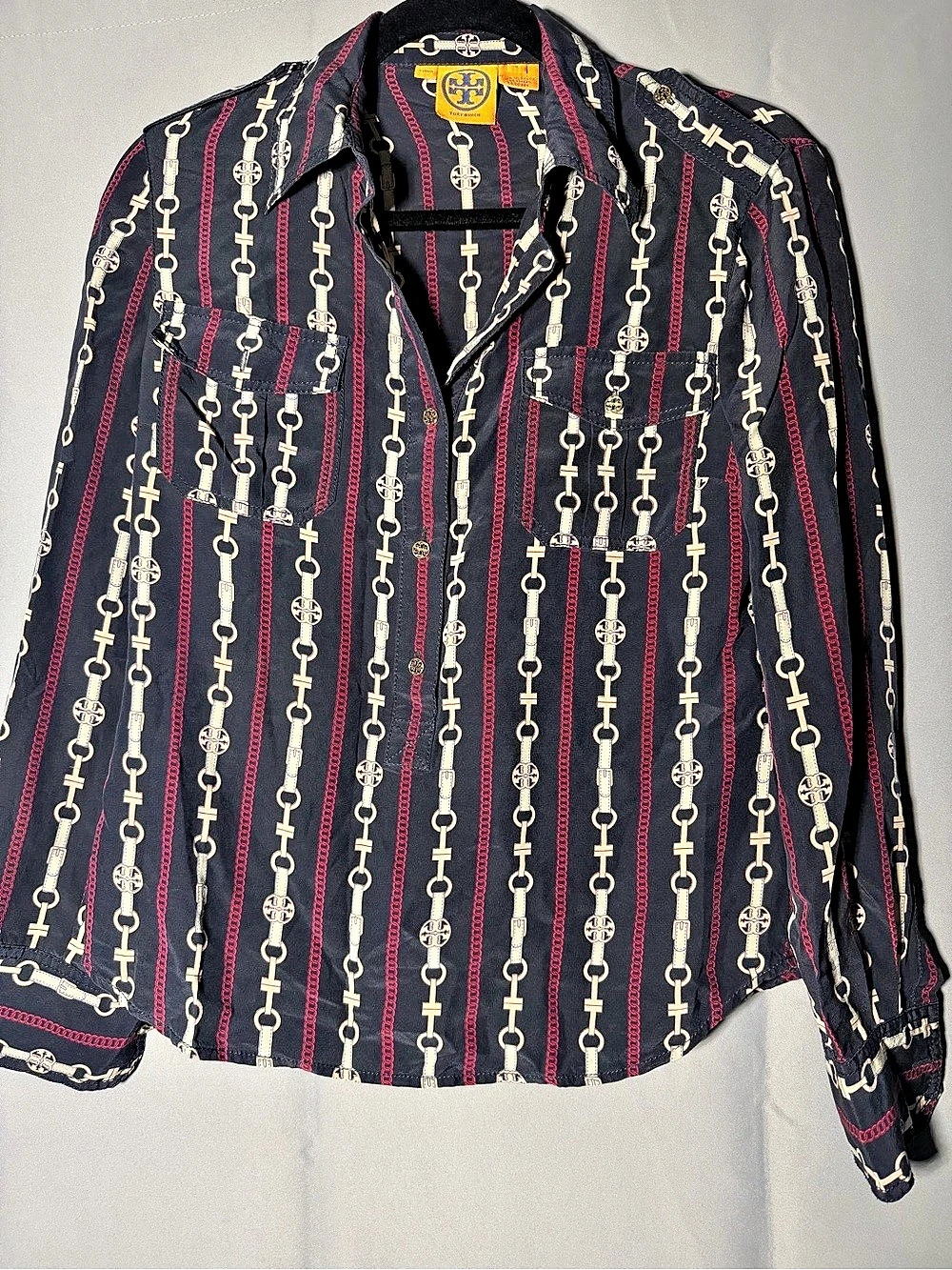 Tory Burch Silk Chain Print Button Down Shirt